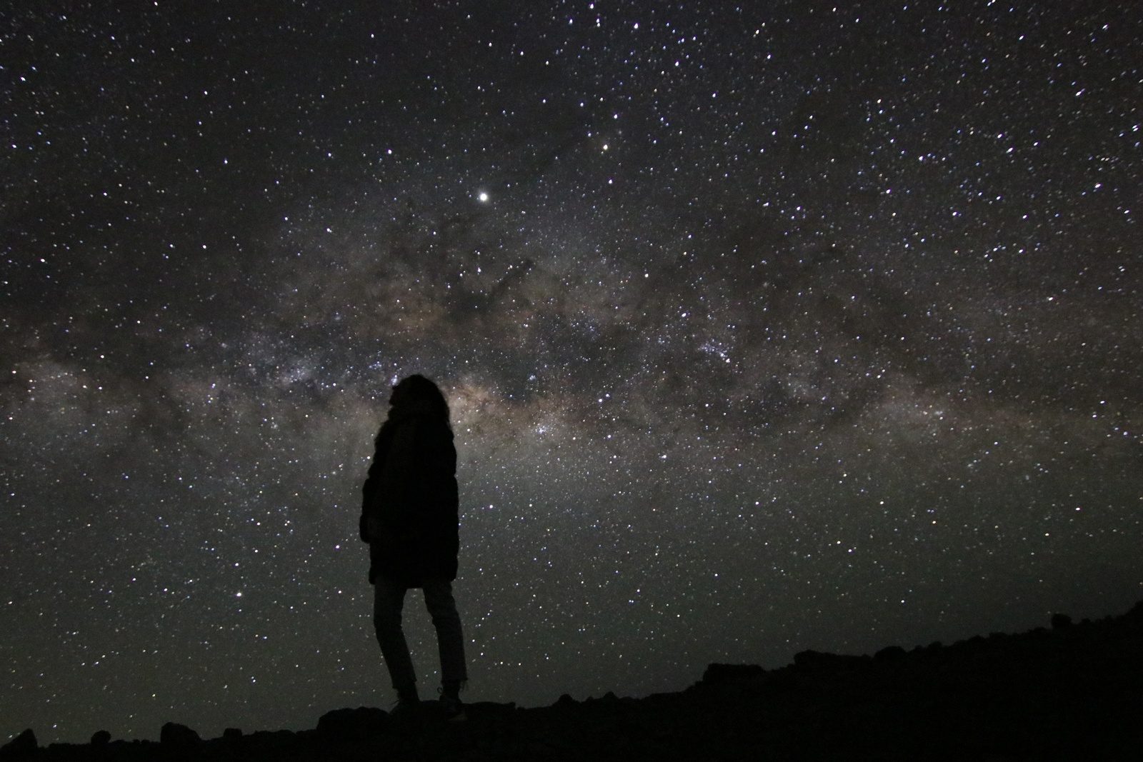A person in a heavy coat silhouetted against the Milky Way and a sky packed with stars