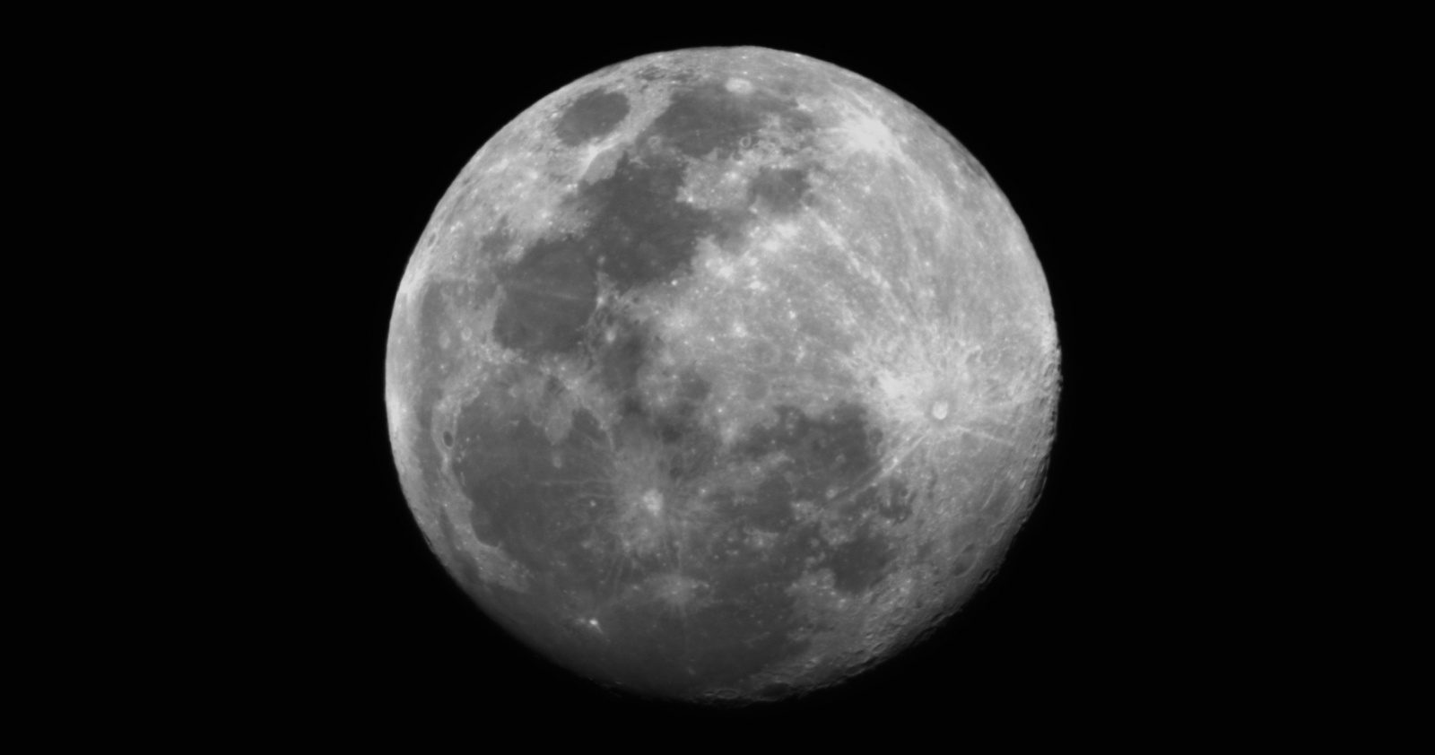 A close view of the full moon showing its craters and dark gray plains