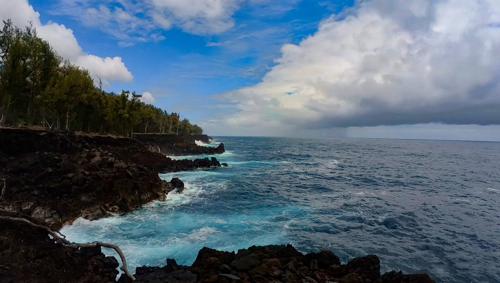 Waves breaking against black lava cliffs along a forested coastline under a big rain cloud