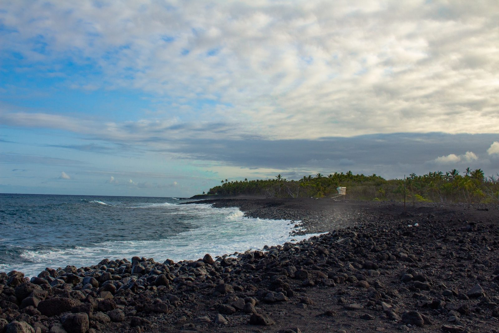 A black lava-rock beach curving toward a line of palms under a wide, cloudy sky